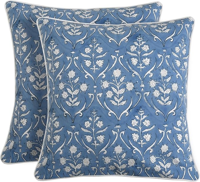 Ridhi Block Print Cornflower Blue Pillow Cover 16" x 16" (Pack of 2) Decorative Couch Pillows for Living Room, Chic Boho Cute Outdoor Pillows Covers Gifts for Spring, Easter and Valentine