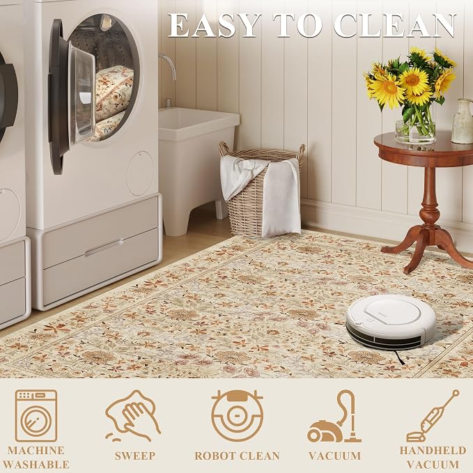 DUKINO 4x6 Rug for Living Room, Washable Vintage Floral Area Rug, Beige | Non Slip, Low Pile, Non-Shedding, Aesthetic Lightweight Soft Indoor Carpet for Bedroom Kitchen Bathroom Entryway Farmhouse