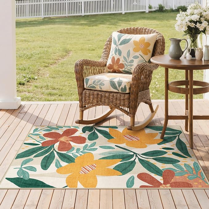 GENIMO 3x5 Outdoor Rug, Washable for Porch and Balcony, Teal Orange | Floral design for entryway; fade resistant chenille with quick-dry non-slip backing for indoor mudroom