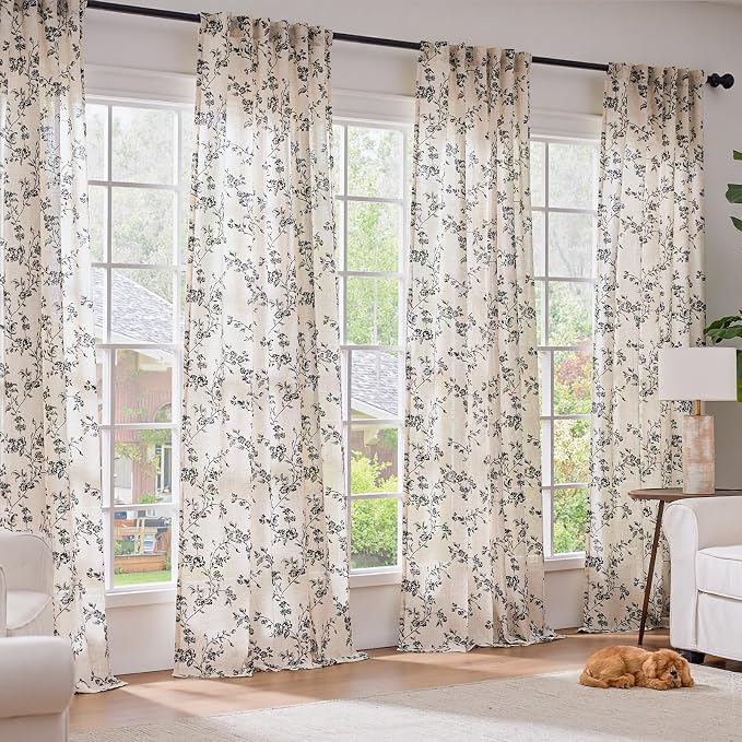 Lazzzy Farmhouse Linen Curtains Black Floral Curtains 90 Inch Length Back Tab Drapes for Living Room Bedroom Light Filtering Country Vintage Rod Pocket, 2 Panels, Black on Beige