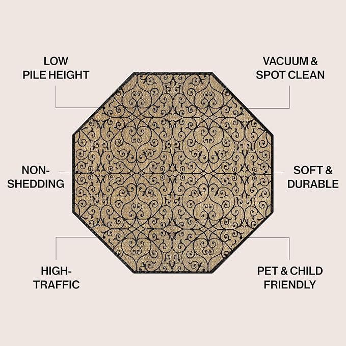JONATHAN Y Vintage Filigree Indoor Outdoor Octagon Area Rug 5 Ft Black/Khaki, Madrid Textured Weave for Backyard, Patio, Porch, Easy-Cleaning, High Traffic, Pet-Friendly, Non-Shedding (SMB107A-5TGN)