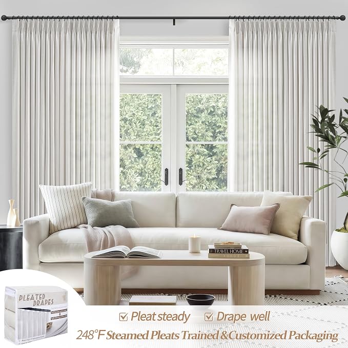 Pinch Pleated Off Beige White Extra Wide 70 x 108 Inch Patio Door Curtains for Sliding Glass Door, Modern Heavy Linen Blend Semi Sheer Light Filtering Floor to Ceiling Office Sunroom Drape Panels of 2