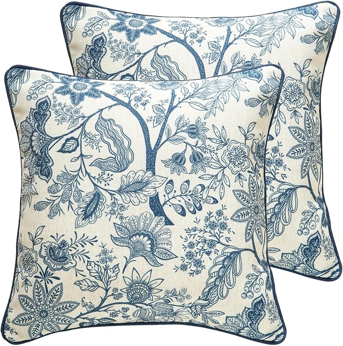 ISAENNE Designer Linen Square Throw Pillow Cover,Set of 2,18"x18"-Ruyi B | Vintage French Elegant Pillow Cover,Concealed Zipper Design,Blue Floral Pattern,Sofa,Bedroom,Living Room,Lounge Chairs
