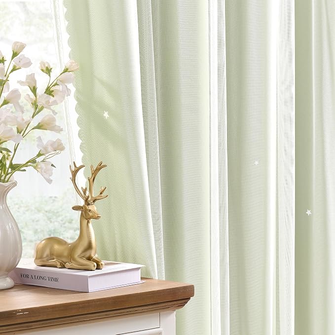 XiDi Green Short Blackout Curtains for Bedroom 54 Inches Long 2 Panels Set, Hollw Star Design, Thermal Insulated Energy Saving Window Treatment Curtains Blackout Drapes, W34 x L54 Inch, Sage Green