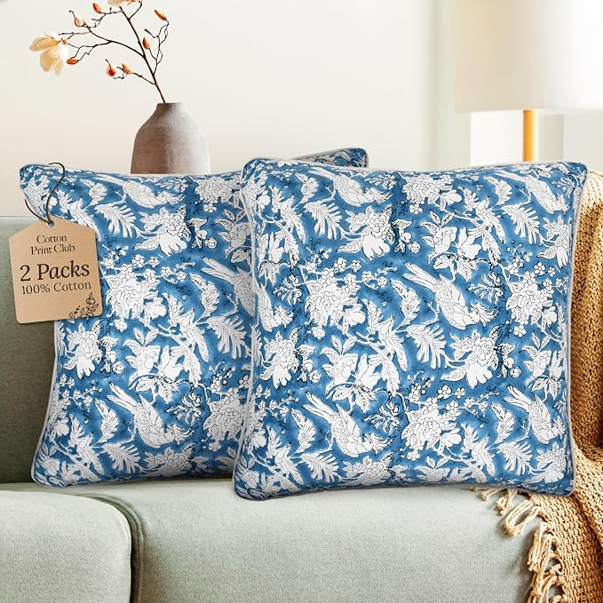CPC 100% Cotton Throw Pillow Covers 18x18 Inch, Set of 2 Blue Block Print Pattern Couch Pillow, Cute Boho Decorative Pillows for Living Room, Bedroom with Hidden Zipper- Blue Sapphire