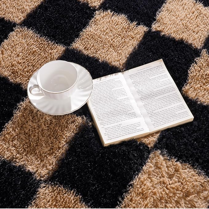 Pionblank Fluffy Area Rug for Bedroom 5x7, Modern Indoor Shag Carpet, Soft Plush Non Slip Checkered Rugs for Living Room Kids Room Home Decor, Black and Beige