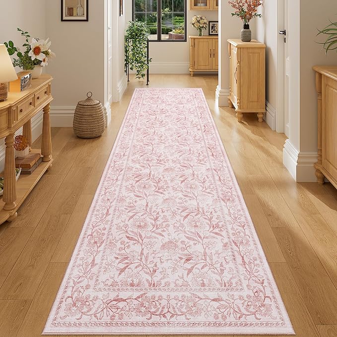 DUKINO 2.6x8 Runner Rug, Washable Vintage Floral Kitchen Runners Light Pink | Non Slip, Low Pile, Non-Shedding Soft Carpet for Hallway Bathroom Laundry Entryway Bedroom Farmhouse, Kids and Pets Friendly