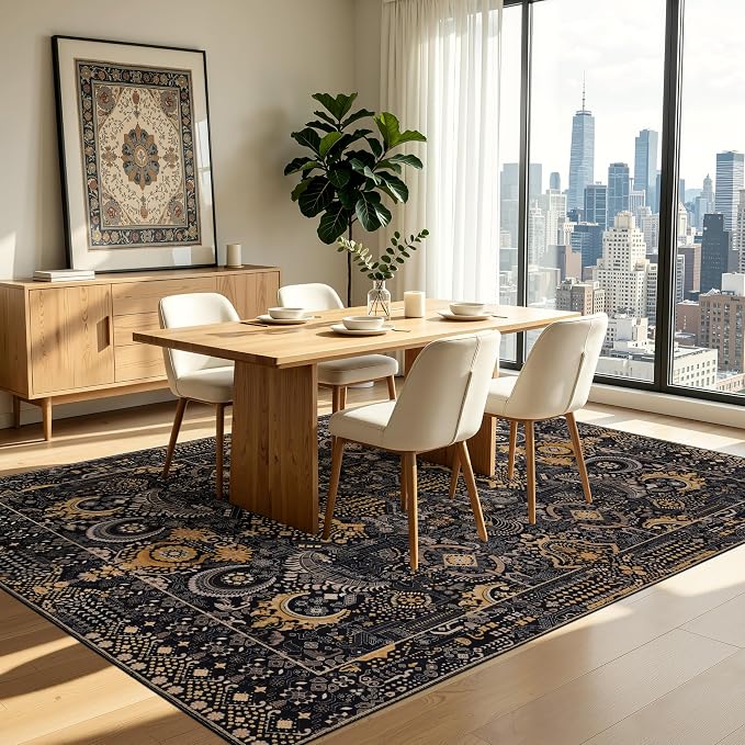 Ruaruarug Area Rug 5'×7', Non Slip Machine Washable Ultra Soft Stain & Fade Resistant, Pet & Kids Friendly, for Living Room/Bedroom/Kitchen/Classroom, Black and Gold