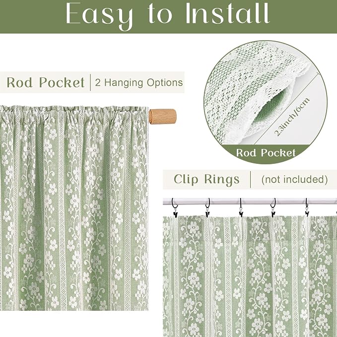 ASPMIZ Linen Valances for Windows Double Layer Valance Curtains with Lace Overlay, Sage Green Kitchen Curtains Light Filtering, Rod Pocket Window Valances for Living Room, Kitchen, Cafe, 52x18