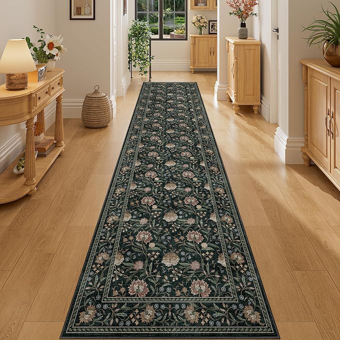 DUKINO 2x10 Runner Rug for Hallway, Washable Vintage Floral Rug, Dark Green | Non Slip, Low Pile, Non-Shedding, Stain Resistant Soft Long Runner Carpet for Kitchen Bathroom Entryway Bedroom Farmhouse