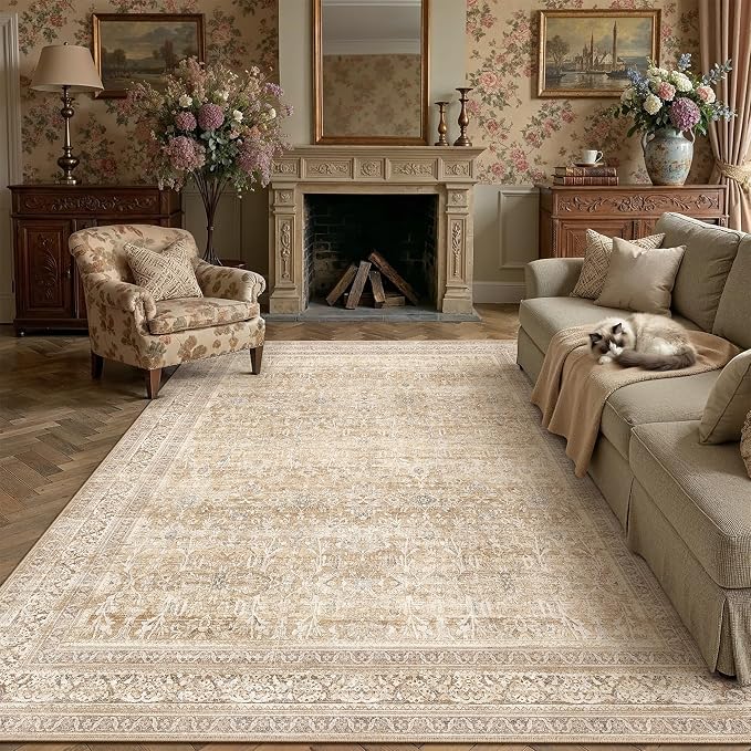 9x12 Beige Neutral Retro Area Rug | Washable, Low Pile, Floral, Soft, Non Slip, Carpet for Living Room Bedroom Dining Room Nursery Office Indoor Home Decor