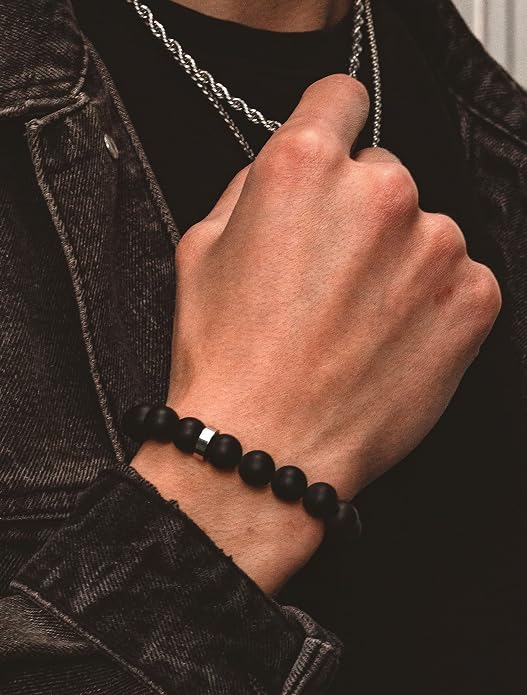 Forge & Foundry Men’s Matte Black Solid Onyx Beaded Bracelet | 10mm, 8mm, 6mm Bead Size Options | Signature Stainless Steel Engraved Bead | Andalus