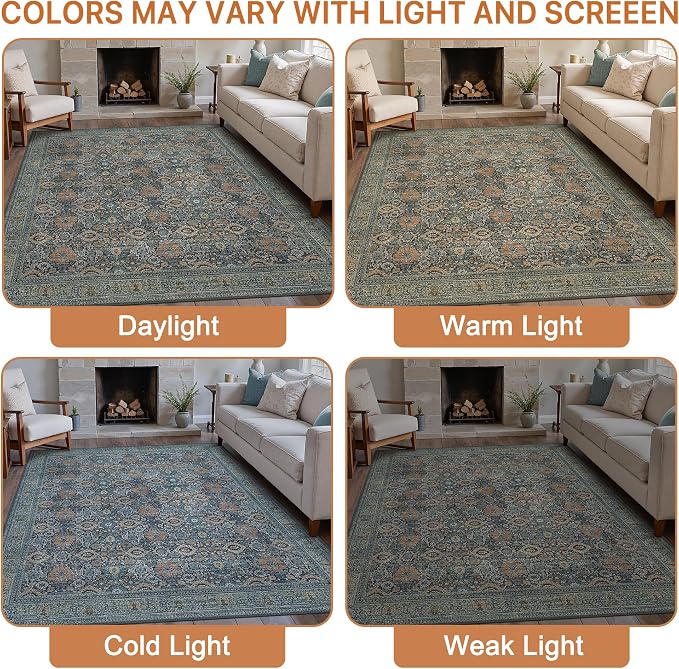 BESBLEE 6X9 Area Rugs Machine Washable Rugs for Living Room, Vintage Boho Large Rugs for Bedroom Dining Room, Non Slip Indoor Soft Distressed Lightweight Thin Low Pile Carpet, Beige Blue Grey