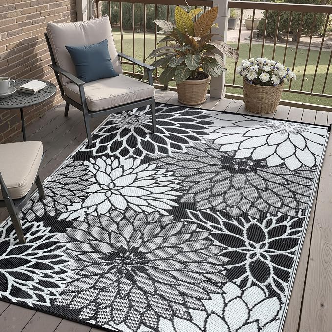 HUGEAR 6'x9' Outdoor Rug Waterproof Plastic Straw Rugs Black Reversible Floral Mat Floor Carpet for Camping RV Deck Entryance Porch Picnic Balcony Beach Backyard