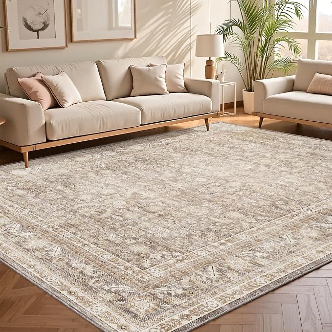 OPPODREAM Vintage Beige Area Rugs 8x10, 8 x 10 Retro Washable Rug Non Slip, Low-Pile Faux Wool Carpet, Distressed Tan Floor Mat for Living Room, Bedroom, Office, Dorm, Dinning Room, Big & Large