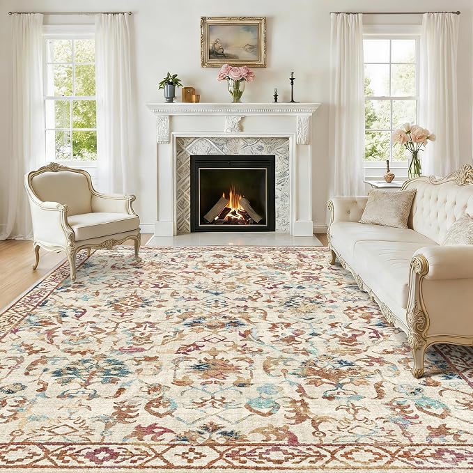 Deerly Beige Colorful Rugs 6x9 for Living Room Soft Non-Slip, Large Vintage Floral Area Rug Retro Tribal Farmhouse Stain Resistant Carpet for Bedroom Dining Room Office Guest Room