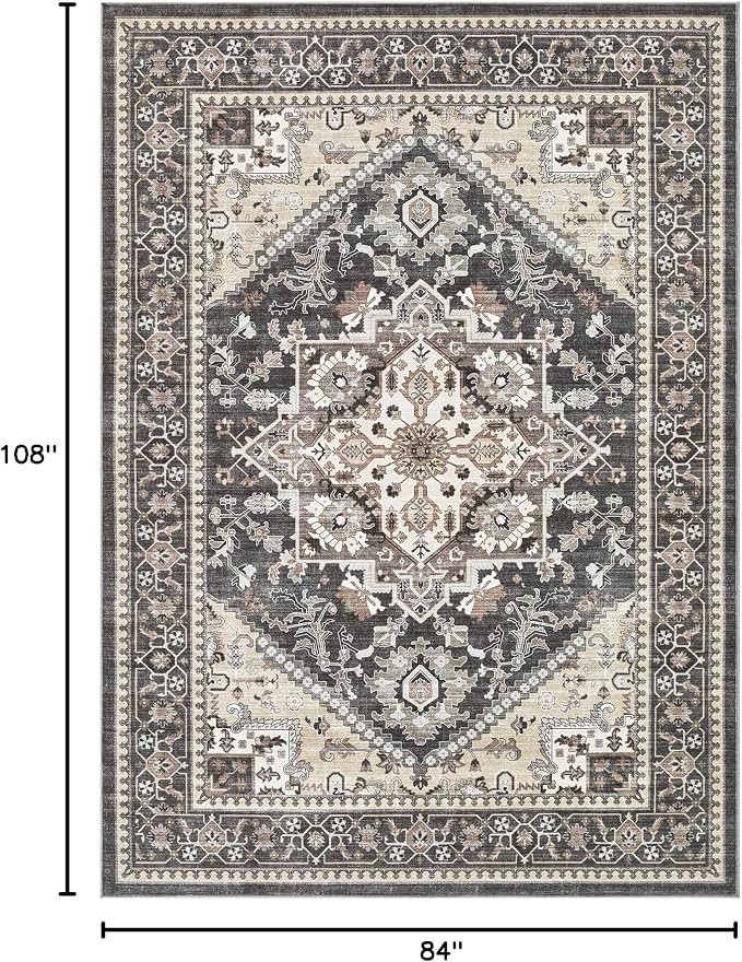 7x9 Vintage Area Rug: Washable Neutral Soft Non Slip Thin Large Floor Carpet for Living Room Bedroom Kitchen Dining Room Home Office Farmhouse Indoor - Black