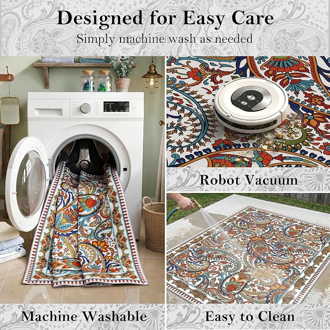 Arenarug Paisley Outdoor Rug Waterproof 5x8, UV Resistant Non Slip Patio Rug, Indoor Outdoor Boho Camping Rug Linen-Look RV Carpet for Deck Balcony Backyard, White Multi