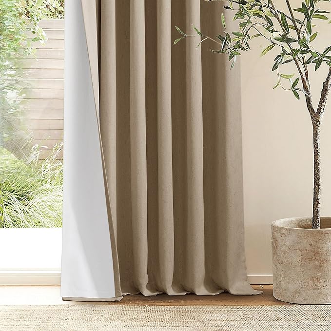 Light Brown Pleated Linen 100% Blackout Curtains 90 Inches Long for Bedroom | Pinch Pleat Rings Hooks Back Tab, Black Out Thermal Insulated Room Darkening, Tan Coffee Curtains with Liner, for Living Room