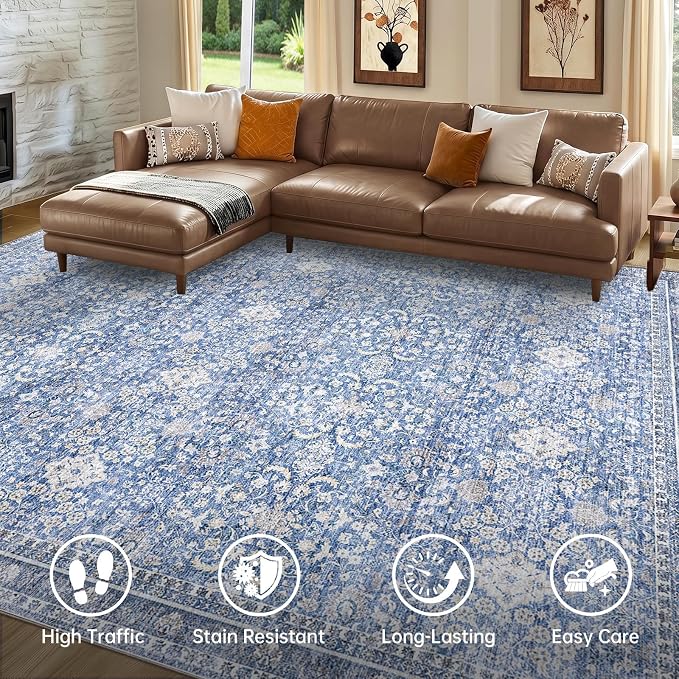 Sasttie 4x6 Area Rug, Ultra-Soft Washable Rug, Low Pile Foldable Thin Carpets with Non-Slip Backing, Skin-Friendly Stain Resistant Carpet for Living Room, Bedroom, Kitchen, Dorm, 4x6, Blue