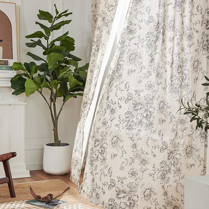 jinchan Black Floral Linen Curtains 63 Inch Farmhouse Back Tab 2 Panels | Light filtering drapes, semi sheer, farmhouse, cottagecore, rustic, living room, bedroom, rod pocket, window treatment