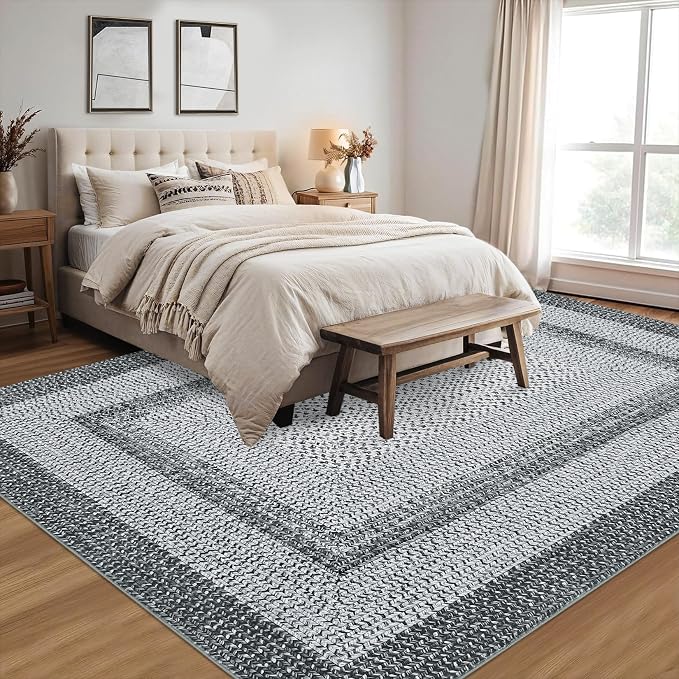 RUGSREAL 8x10 Braided Print Area Rug Washable Rug Non Slip Farmhouse Rustic Floor Carpet Boho Dining Room Throw Carpet Modern Geometric Floor Cover Bohemian Border Rug for Living Room Bedroom, Grey