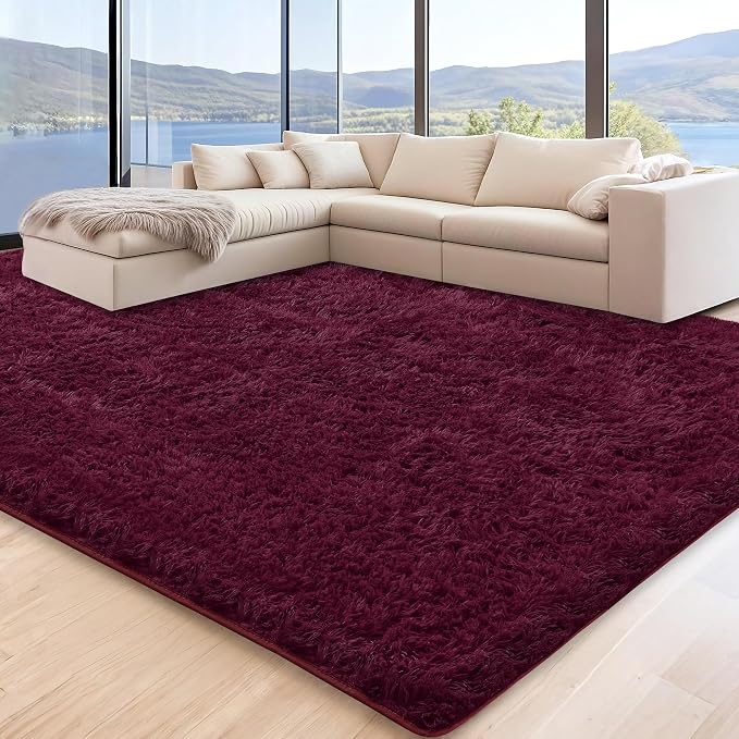 6x9 Burgundy Fluffy Shag Area Rugs for Living Room Bedroom Girls | Ultra Soft Comfy, Large Fuzzy Shaggy Plush Carpet for Nursery Kids Dorm, Modern Indoor Home Decor, Upgrade Non-Slip