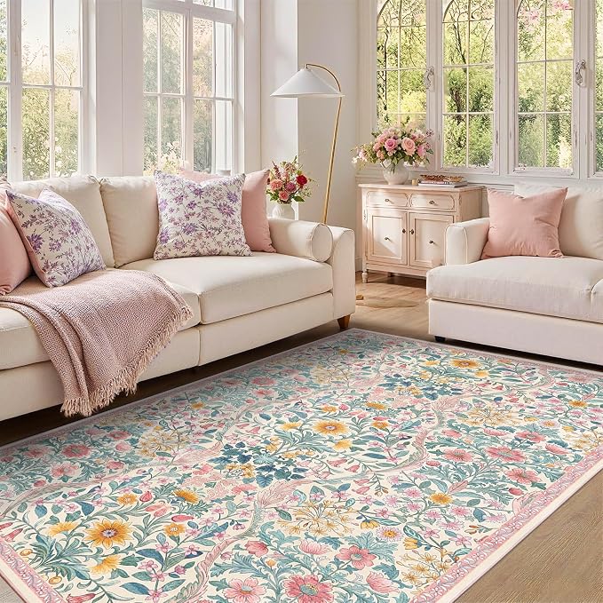 Floral Washable 6x9 Area Rug，Light Pink Boho Rugs for Living Room, Soft Low-Pile Non-Slip Stain Resistant & Non-Shedding Carpet for Girls Bedroom,Dining Room,Office,Entryway,Nursery