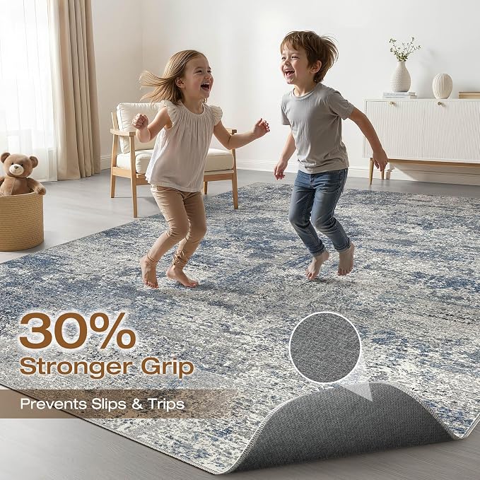 8x10 Area Rugs Living Room: Washable Large Neutral Rug Abstract Soft Modern Stain Resistant Indoor Floor Non-Slip Carpet for Bedroom Nursery Kids Office Playroom Dining Room Under Table- Blue Gray