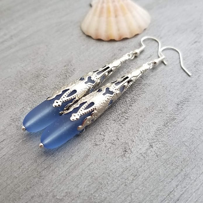 Handmade Sea Glass Earrings, Hawaiian Jewelry for Women, Long Teardrop Earrings Beach Jewelry, Sea Glass Jewelry For Women Birthday Gift For Her