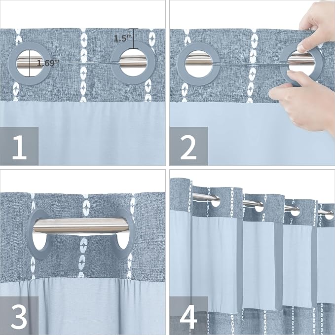 eachope No Hook Stall Shower Curtain with Snap-in Fabric Liner - 54x80 Heavy-Duty Linen Textured Striped Design,Narrow Rustic Modern Farmhouse Bohemian Bathroom Curtain,Water-Repellent,Blue