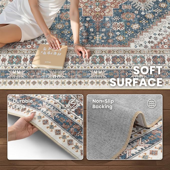 zesthome 9x12 Area Rugs,Stain Resistant Washable Rug,Ultra-Thin Rugs for Living Room,Bedroom,Non-Slip Backing Home Decor Large Area Rug (Navy Blue/Red,9'x12')