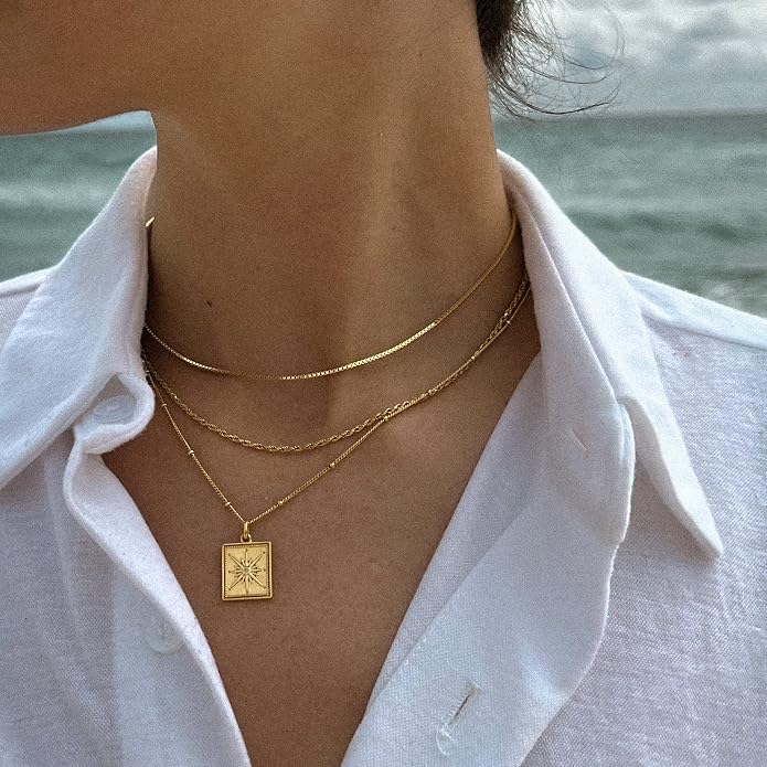 Tewiky Gold Chain Necklace for Women, 14k Gold Plated Thin Beaded Wave Box Necklace Dainty Simple Layered Choker Minimalist Link Chain Necklace Trendy Jewelry for Women