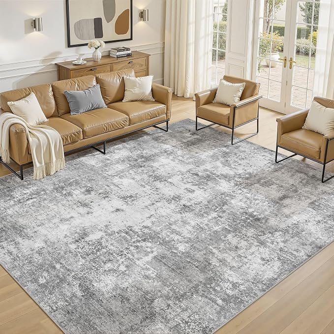 10x12 Large Area Rugs for Living Room, Washable Soft High-Low Pile | Neutral Modern Abstract Carpet, Non Slip Lightweight Made for Dining Room, Nursery, Home Office Indoor Decor - Gray