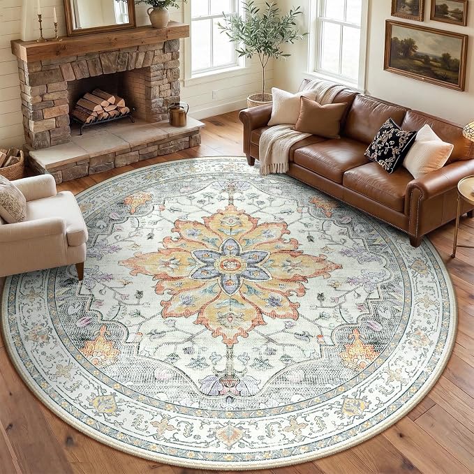 RELEANY Area Rugs Round 8ft Washable Non-Slip, Floral Vintage Distress Medallion Carpet for Living Room Bedroom Dining Room, Beige Carbon Grey Orange
