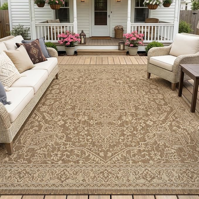 MontVoo-Outdoor Rug-Patio Rug 9x12 ft Polypropylene Indoor Outdoor Rugs Carpet for Patio Deck Balcony Porch, Textured Weave, Durable for High Traffic, Fade-Resistant, Vintage Medallion Neutral Brown