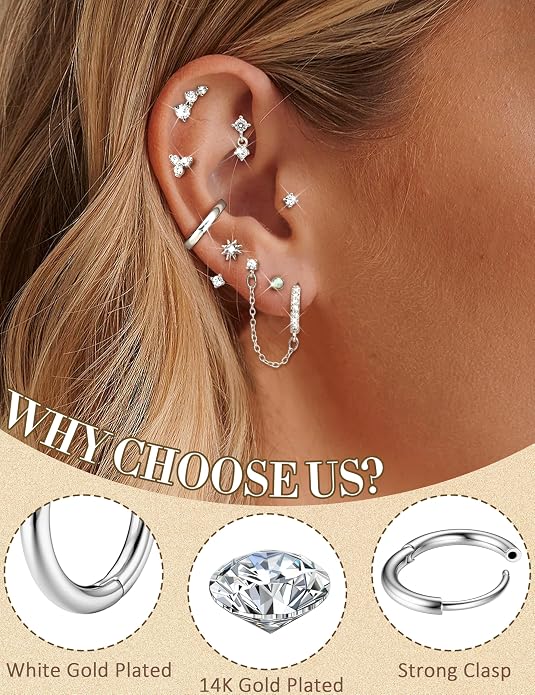 Florideco Small Stud Hoop Earrings for Women Hypoallergenic 14K Gold Plated Surgical Stainless Steel Flat Back Earrings Dainty Hoop Stud Earring Stacks Cartilage Earring Set for Multiple Piercing