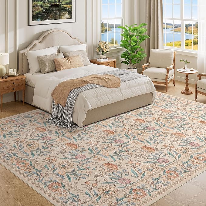 DUKINO 9x12 Area Rug for Living Room, Vintage Floral Washable Rug, Beige | Non Slip, Low Pile, Non-Shedding, Stain Resistant, Aesthetic Soft Indoor Large Carpet for Bedroom Dining Room Farmhouse