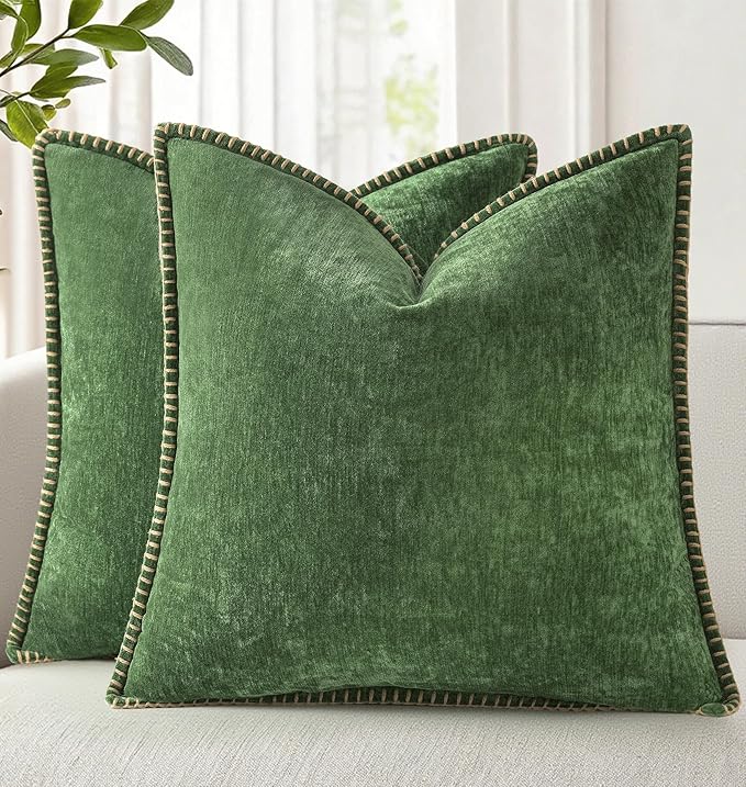 decorUhome Soft Chenille Throw Pillow Covers 16x16 Set of 2 Forest Green | Fall Textured Decorative Throw Pillow Cases Stitched Edge Modern Farmhouse Luxury Boho Velvet for Couch Sofa Bed Home Decor