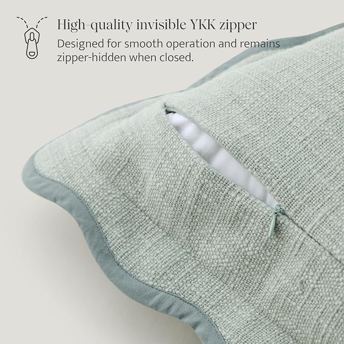 Double Stitch Scalloped Throw Pillow Covers - 100% Cotton Decorative Boho Pillow Covers 20 x 20 inch, Made in India, Square Cushion Case, Modern Home Decor for Couch Sofa Living Room, Green Forest