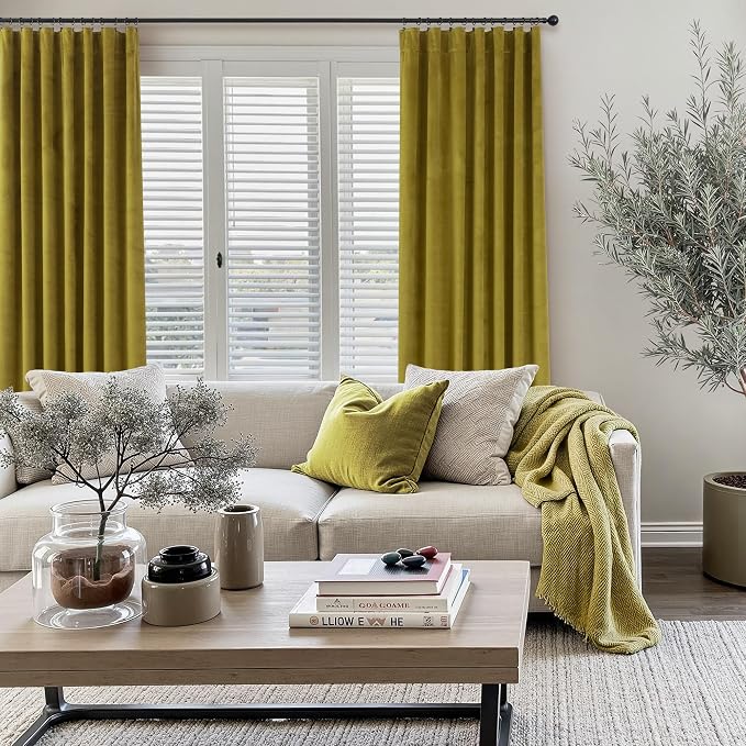 Chartreuse Green Velvet Curtains 84 Inches Long 2 Panels Set for Living Room Mid Century Modern Maximalist Psychedelic Vintage Olive Green Yellow Drapes for Bedroom Wide 52 x 84 Inch Length Back Tab