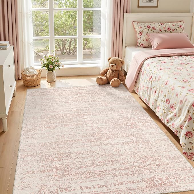 Soalmost Pink 6x9 Area Rugs for Baby Girl Nursery, Washable Soft Rugs | Vintage Floral Non-Slip Low Pile Throw Carpet for Living Room Dining Room Bedroom Kids Playroom 6'x9'