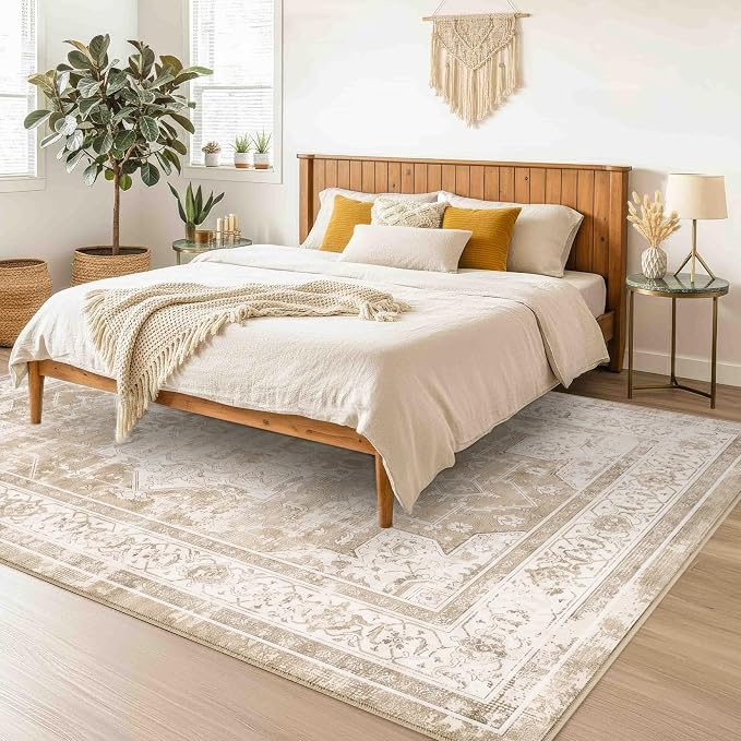 6x9 Area Rug for Living Room-Vintage Farmhouse Boho Floral Neutral Washable Stain Resistant Indoor Carpet for Bedroom Office and Home Decor(Beige&Brown)
