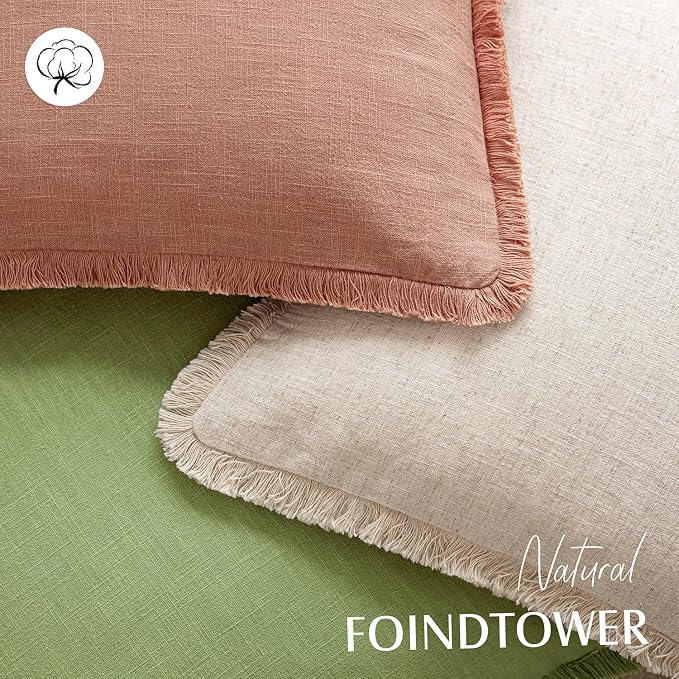 Foindtower Set of 2 Decorative Linen Fringe Throw Pillow Covers Cozy Boho Farmhouse Cushion Cover with Tassels Soft Accent Pillowcase for Couch Sofa Bed Living Room Home Decor,22×22 Inch,Coral Pink