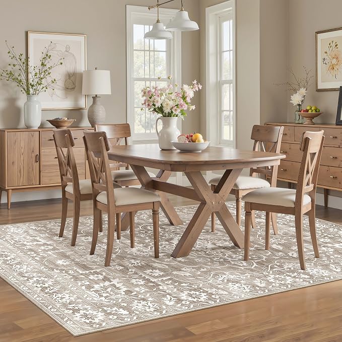 Soalmost 6x9 Area Rugs for Living Room, Washable Neutral Rug Light Brown | Vintage Floral Soft Stain Resistant Non-Slip Low Pile Thin Carpet for Dining Room Bedroom Kitchen Home Office Nursery 6'x9'