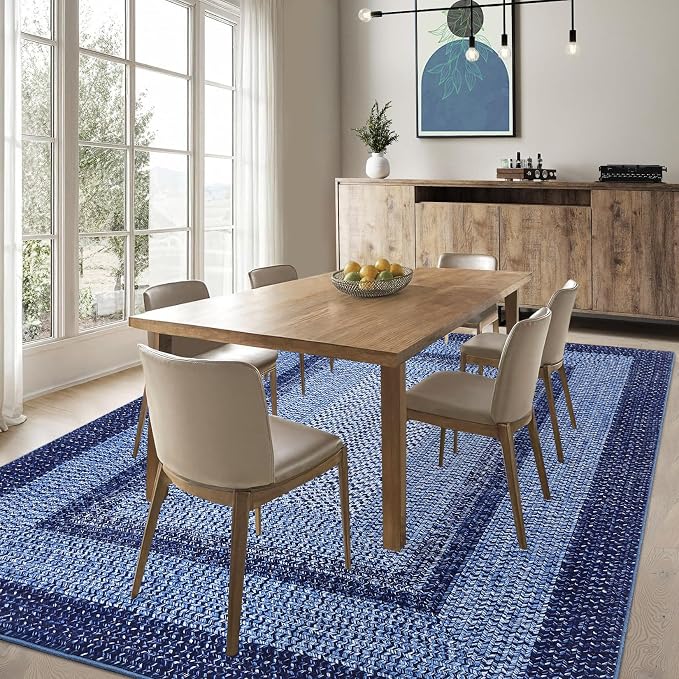 RUGSREAL Boho Rug 4x6 Bedroom Machine Washable Rug Braided Print Floor Cover Indoor Non Slip Throw Carpet Dining Room Small Carpet Farmhouse Rustic Accent Rug for Living Room Home Decor, Navy
