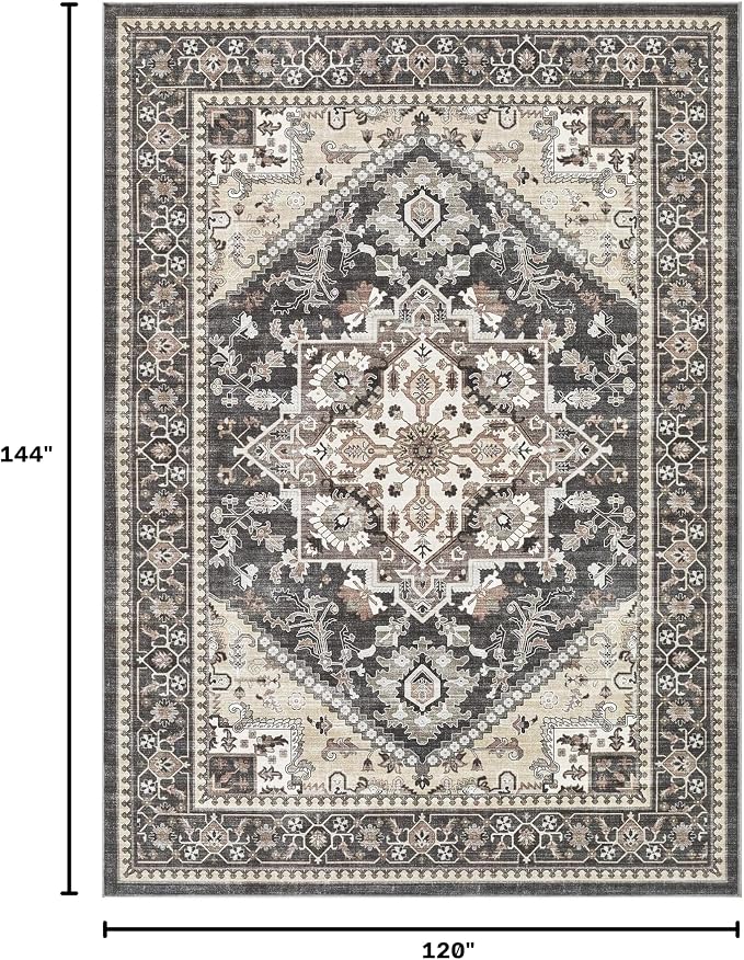 10x12 Vintage Area Rug: Washable Neutral Soft Non Slip Thin Large Floor Carpet for Living Room Bedroom Kitchen Dining Room Home Office Farmhouse Indoor - Black
