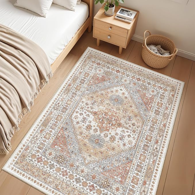 zesthome 3x4 Washable Area Rug for Entryway, Soft Kitchen Rugs Non Slip for Dining Room, Vintage Abstract Living Room Rug, Thin Area Rugs Indoor for Bedroom, Kids Room Decor(Orange,3'x4')