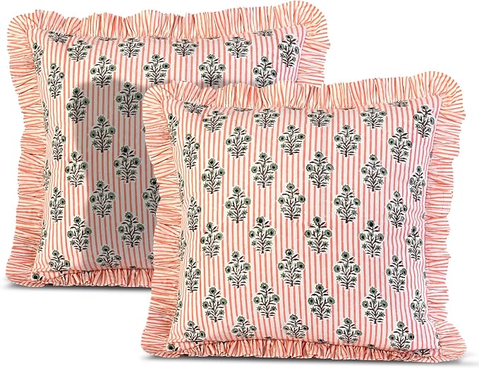 Ridhi Salmon Blossom Stripe Modern Farmhouse Pillow 16x16 Covers Block Print Cotton Throw Pillow Cover Set of 2 Cushion Covers with Ruffle for Couch Sofa Bed Living Room Decor Spring Easter