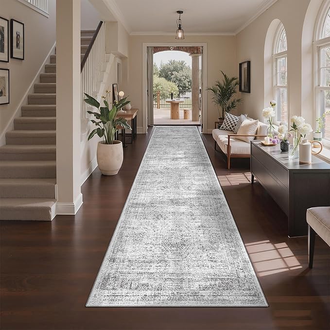 3x10 Runner Rug Non Slip,Washable Hallway Runner Rug,Grey | Long Neutral Rugs for Kitchen,Entryway,Bedroom,Bathroom,Laundry Room,Thin,Soft Runner Rug,Stain Resistant Indoor Carpet